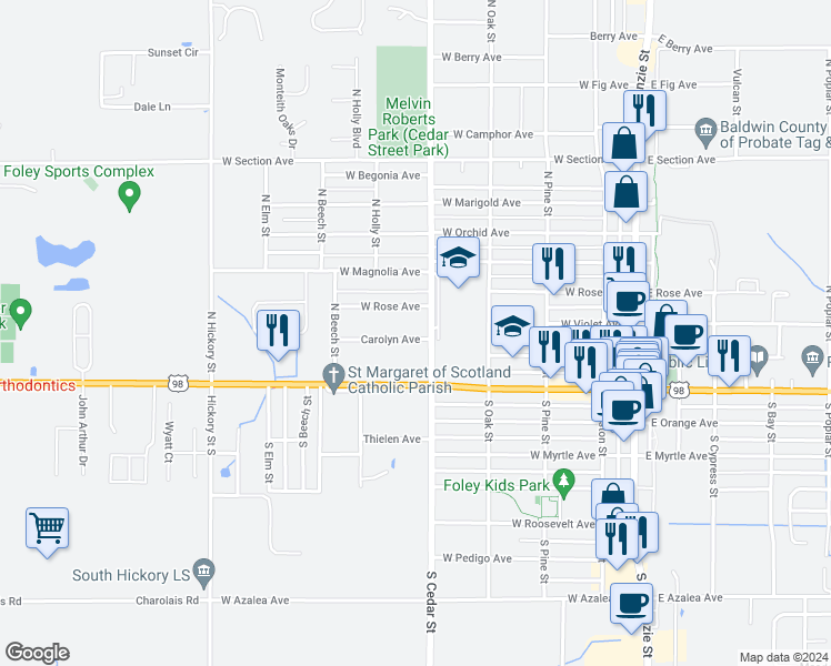 map of restaurants, bars, coffee shops, grocery stores, and more near 504 Carolyn Avenue in Foley