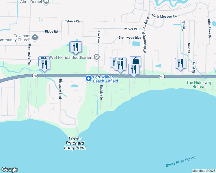 map of restaurants, bars, coffee shops, grocery stores, and more near 2080 Jessica Way in Navarre