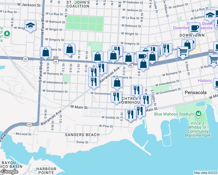 map of restaurants, bars, coffee shops, grocery stores, and more near 351 South E Street in Pensacola