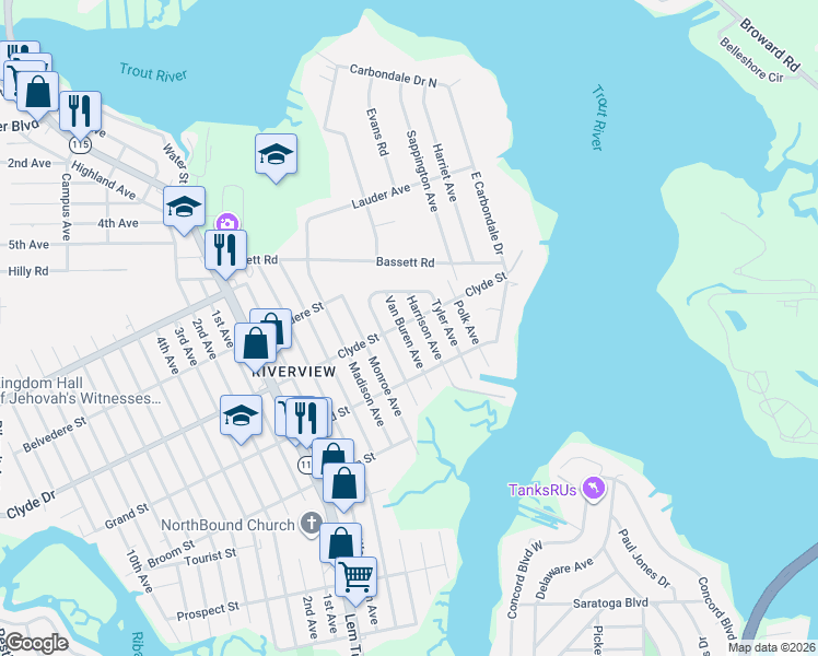 map of restaurants, bars, coffee shops, grocery stores, and more near 9061 Van Buren Avenue in Jacksonville
