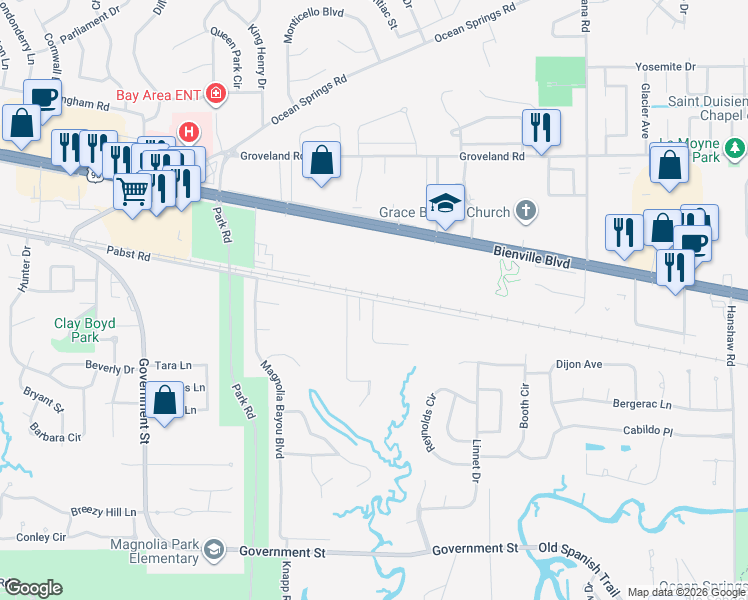 map of restaurants, bars, coffee shops, grocery stores, and more near 3067 Pabst Road in Ocean Springs