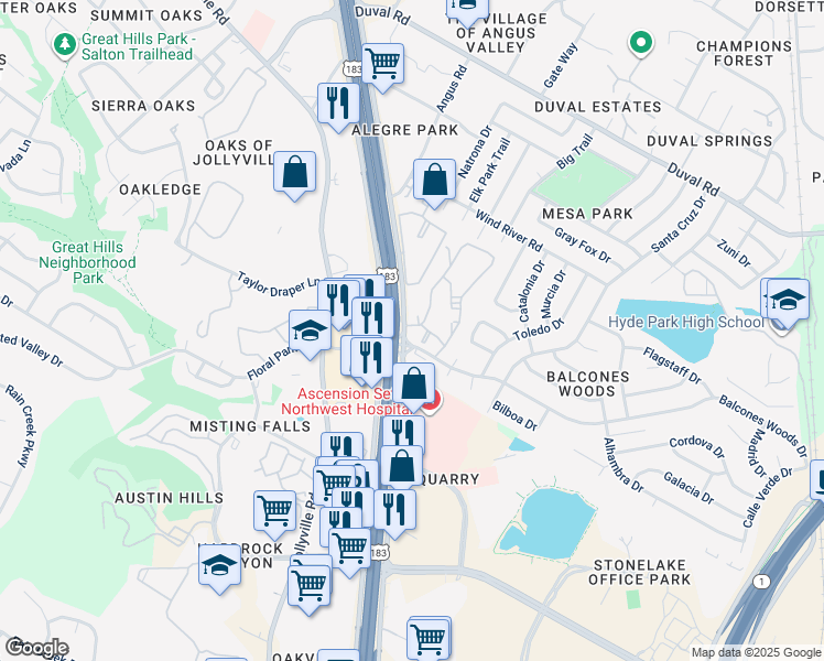 map of restaurants, bars, coffee shops, grocery stores, and more near 11215 Research Boulevard in Austin