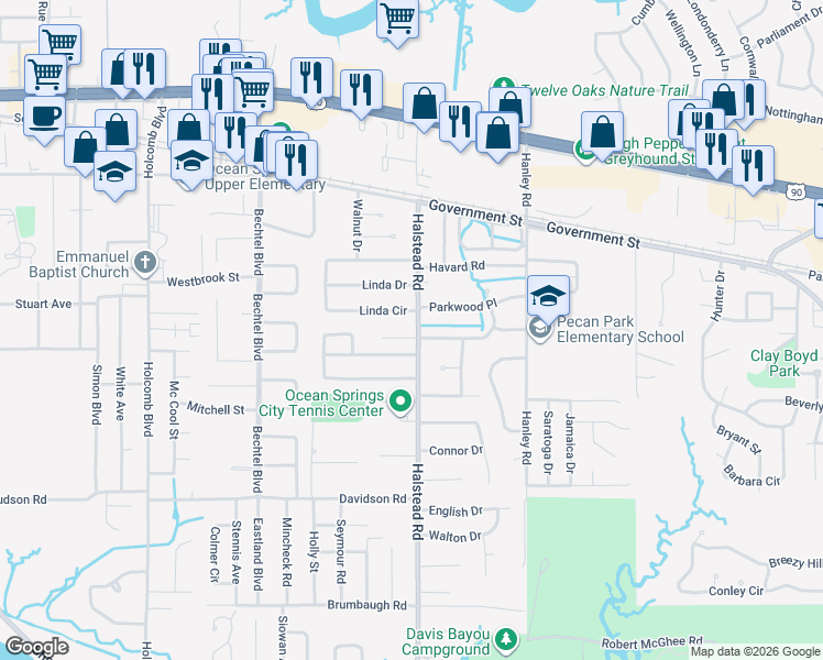 map of restaurants, bars, coffee shops, grocery stores, and more near 103 Earle Taylor Lane in Ocean Springs