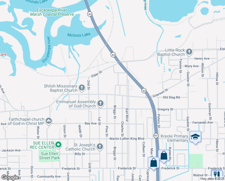 map of restaurants, bars, coffee shops, grocery stores, and more near 5613 Grierson Street in Moss Point