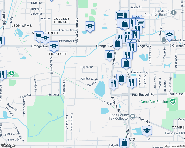 map of restaurants, bars, coffee shops, grocery stores, and more near 412 Mercury Drive in Tallahassee