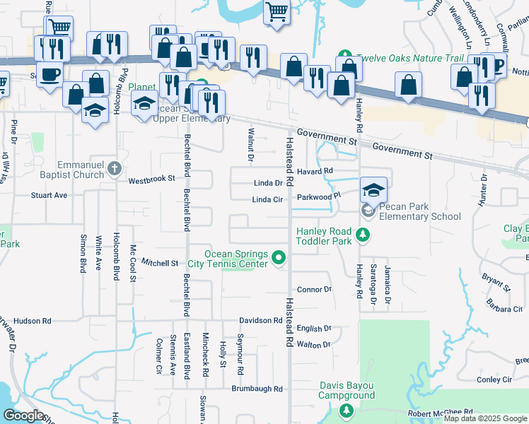 map of restaurants, bars, coffee shops, grocery stores, and more near 125 Earle Taylor Lane in Ocean Springs