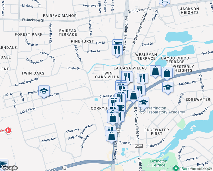 map of restaurants, bars, coffee shops, grocery stores, and more near 4501 Twin Oaks Drive in Pensacola