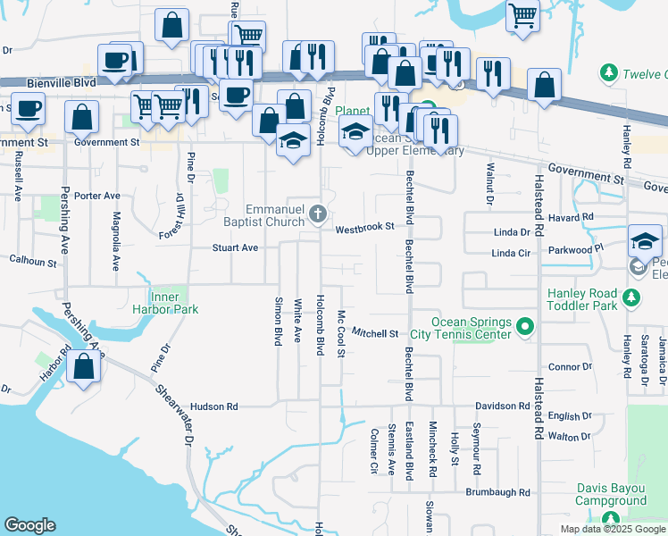 map of restaurants, bars, coffee shops, grocery stores, and more near 100 Dominion Drive in Ocean Springs