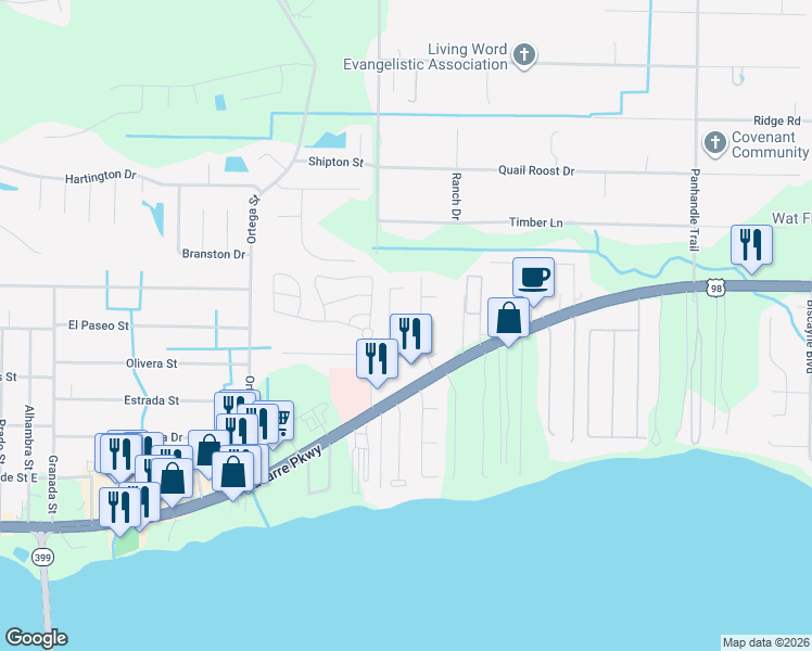 map of restaurants, bars, coffee shops, grocery stores, and more near 2034 Fountainview Drive in Navarre