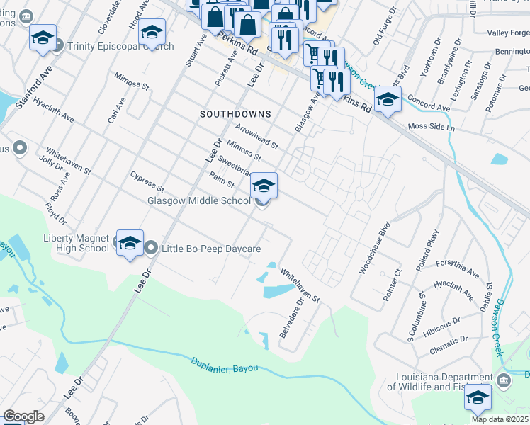 map of restaurants, bars, coffee shops, grocery stores, and more near 1676 Glasgow Avenue in Baton Rouge
