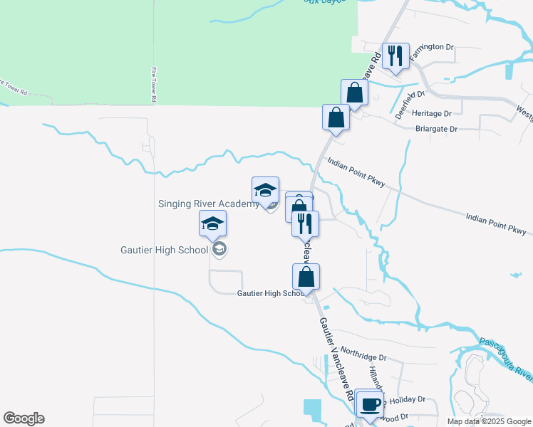 map of restaurants, bars, coffee shops, grocery stores, and more near 4601 Gautier Vancleave Road in Gautier