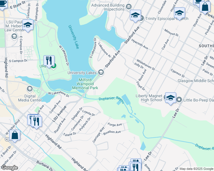 map of restaurants, bars, coffee shops, grocery stores, and more near 990 Stanford Avenue in Baton Rouge