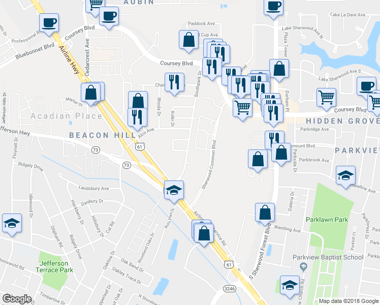 map of restaurants, bars, coffee shops, grocery stores, and more near 4651 Southpark Drive in Baton Rouge