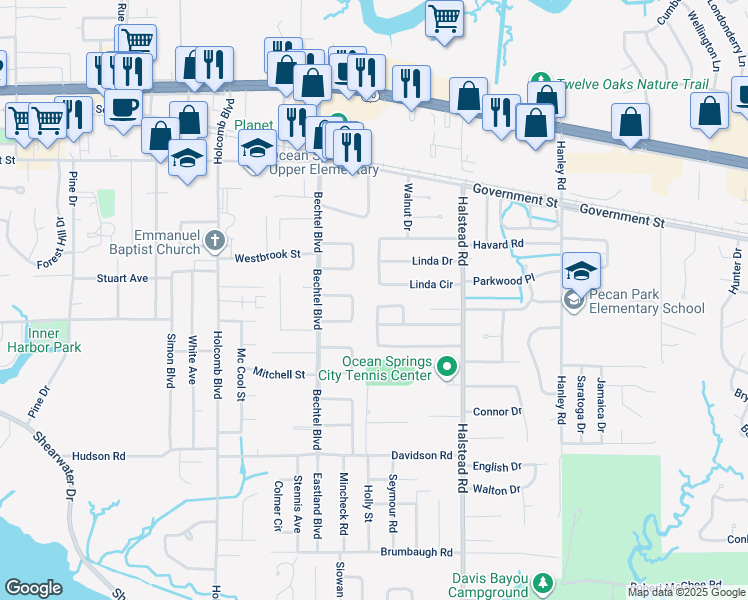 map of restaurants, bars, coffee shops, grocery stores, and more near 68 Choctaw Circle in Ocean Springs