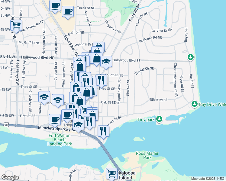 map of restaurants, bars, coffee shops, grocery stores, and more near 107 Alder Avenue Southeast in Fort Walton Beach