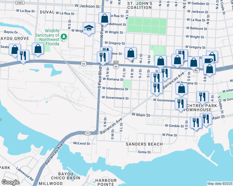 map of restaurants, bars, coffee shops, grocery stores, and more near 2000 West Government Street in Pensacola