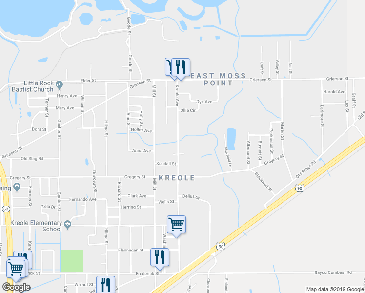 map of restaurants, bars, coffee shops, grocery stores, and more near 4600 Kreole Avenue in Moss Point