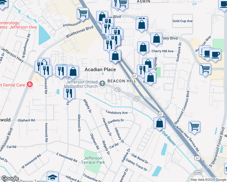 map of restaurants, bars, coffee shops, grocery stores, and more near 10390 Jefferson Highway in Baton Rouge