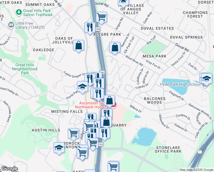 map of restaurants, bars, coffee shops, grocery stores, and more near 11411 Research Boulevard in Austin