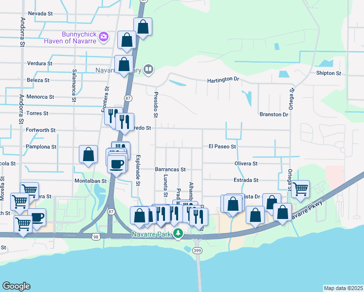 map of restaurants, bars, coffee shops, grocery stores, and more near 2051 Sunvista Lane in Navarre