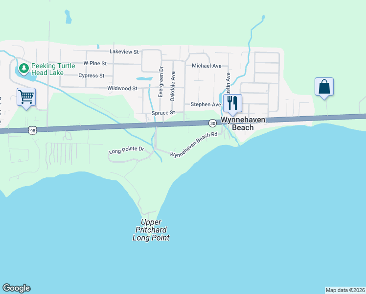 map of restaurants, bars, coffee shops, grocery stores, and more near 191 Wynnehaven Beach Road in Mary Esther