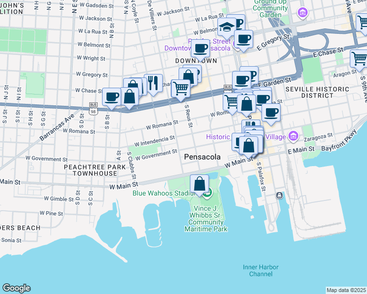 map of restaurants, bars, coffee shops, grocery stores, and more near 320 West Government Street in Pensacola