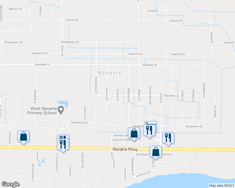 map of restaurants, bars, coffee shops, grocery stores, and more near 2001 Aurora Street in Navarre