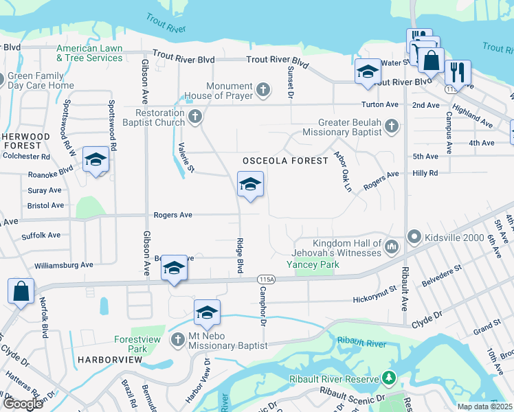 map of restaurants, bars, coffee shops, grocery stores, and more near 3531 Rogers Avenue in Jacksonville