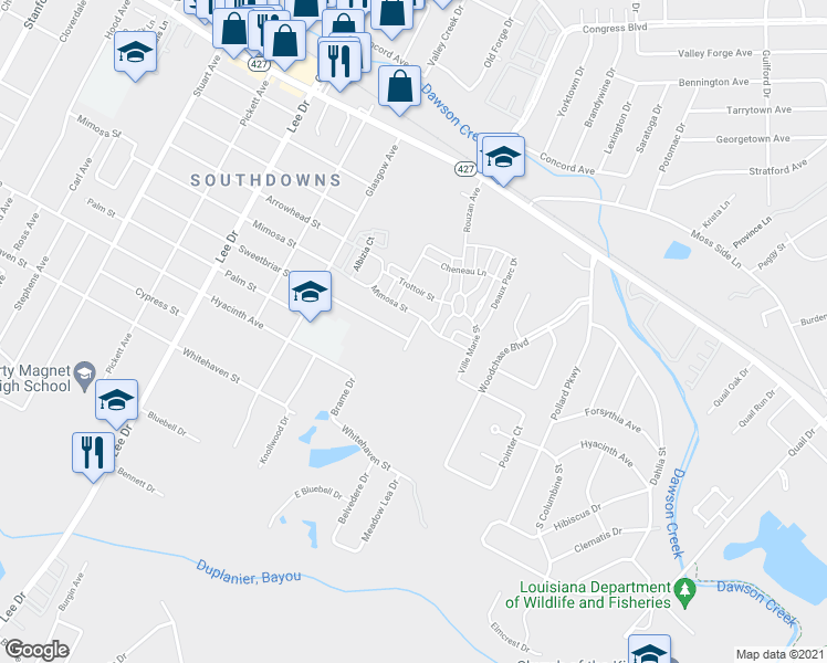 map of restaurants, bars, coffee shops, grocery stores, and more near 1899 Dauphine Street in Baton Rouge