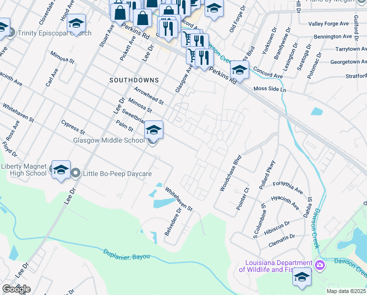 map of restaurants, bars, coffee shops, grocery stores, and more near 5022 Sweetbriar Street in Baton Rouge