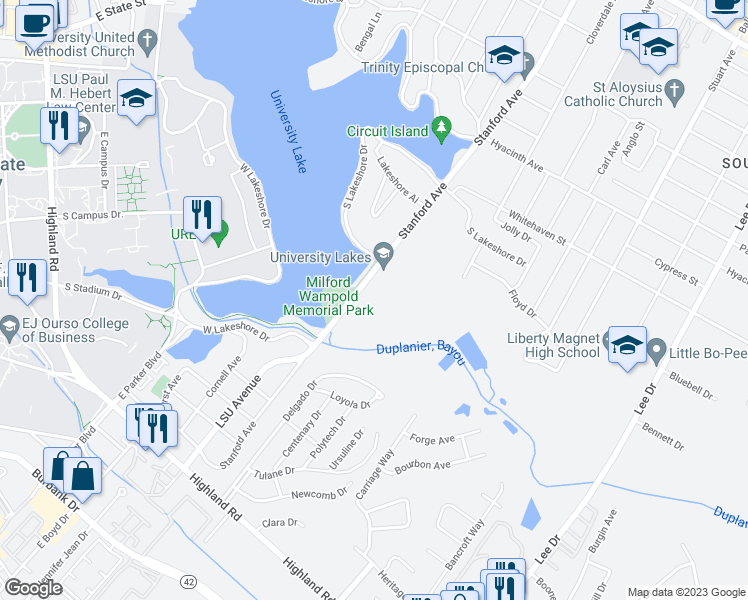 map of restaurants, bars, coffee shops, grocery stores, and more near 990 Stanford Avenue in Baton Rouge