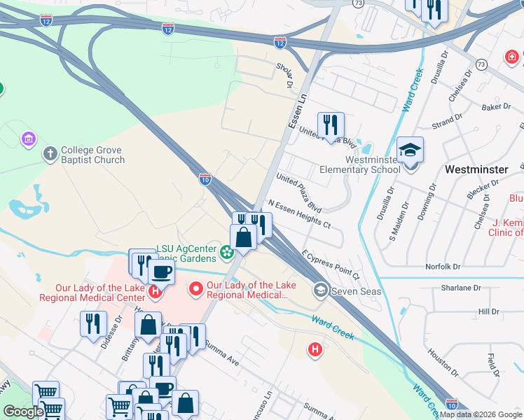 map of restaurants, bars, coffee shops, grocery stores, and more near 8121 South Essen Heights Court in Baton Rouge