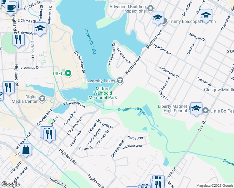 map of restaurants, bars, coffee shops, grocery stores, and more near 990 Stanford Avenue in Baton Rouge