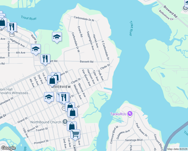 map of restaurants, bars, coffee shops, grocery stores, and more near 9060 Tyler Avenue in Jacksonville