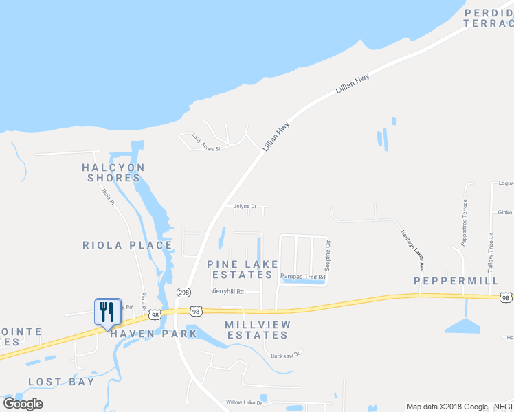 map of restaurants, bars, coffee shops, grocery stores, and more near 10771 Jolyne Drive in Pensacola