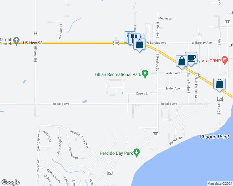 map of restaurants, bars, coffee shops, grocery stores, and more near 13006 Westfield Avenue in Lillian