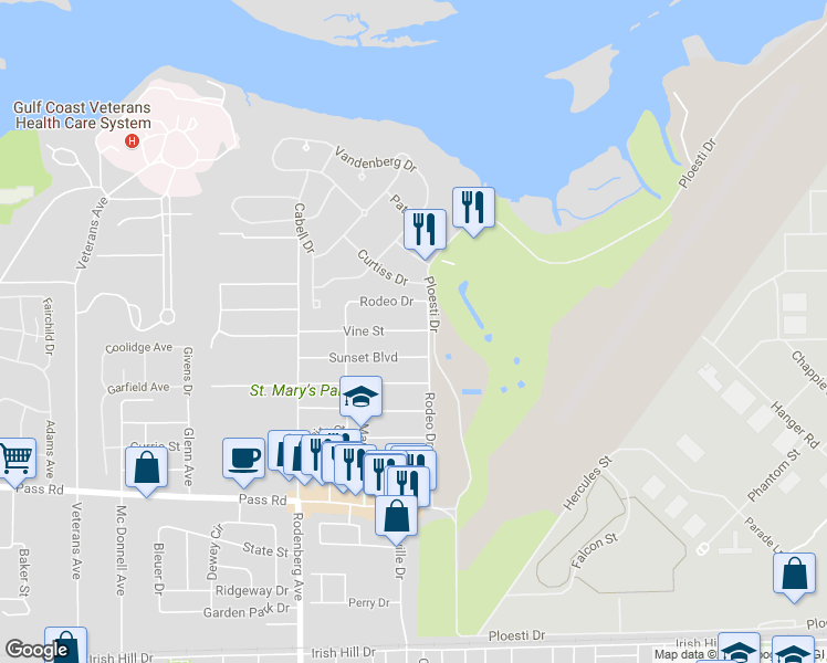 map of restaurants, bars, coffee shops, grocery stores, and more near 1613 Vine Street in Biloxi