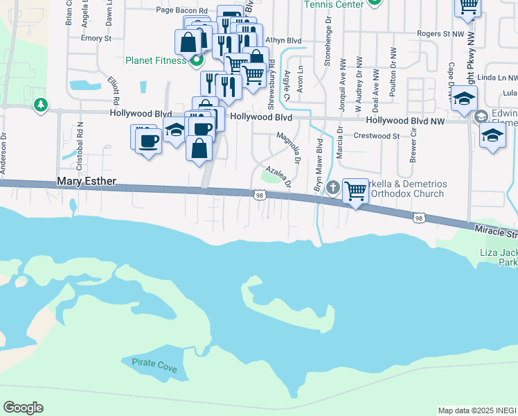 map of restaurants, bars, coffee shops, grocery stores, and more near 531 East Miracle Strip Parkway in Mary Esther