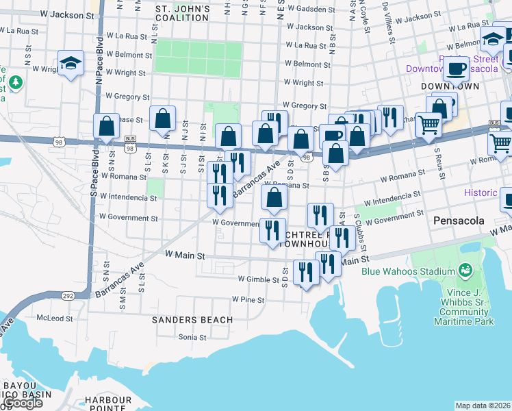 map of restaurants, bars, coffee shops, grocery stores, and more near 351 South E Street in Pensacola