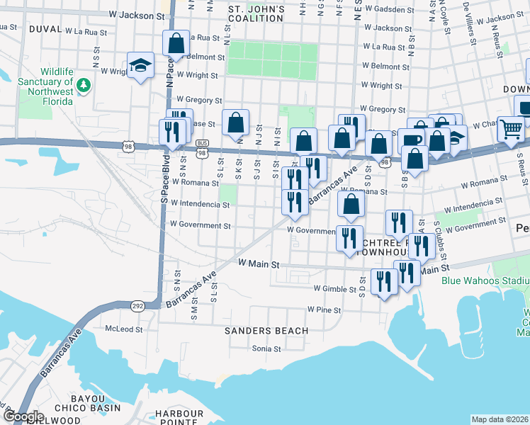 map of restaurants, bars, coffee shops, grocery stores, and more near 341 South I Street in Pensacola