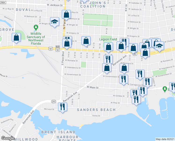 map of restaurants, bars, coffee shops, grocery stores, and more near 1750 West Government Street in Pensacola