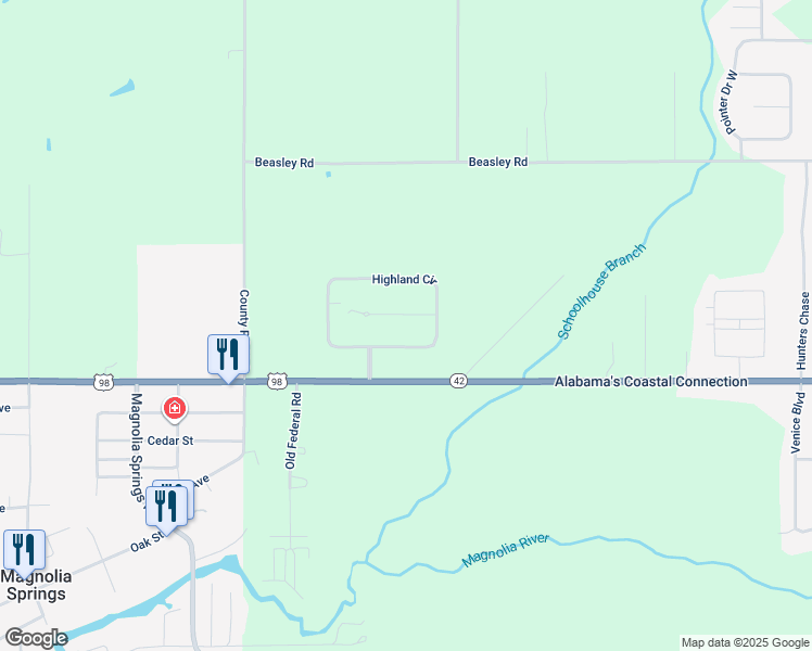 map of restaurants, bars, coffee shops, grocery stores, and more near 15571 Highland Cir in Foley