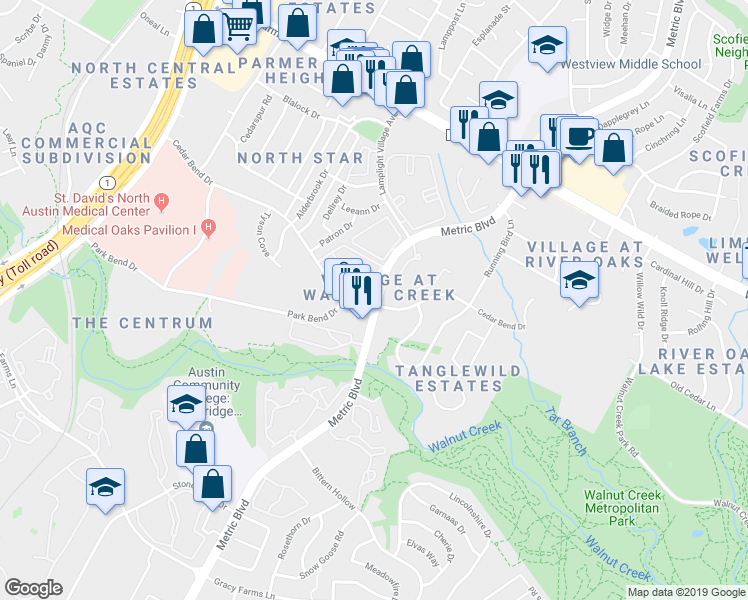 map of restaurants, bars, coffee shops, grocery stores, and more near 2000 Cedar Bend Drive in Austin