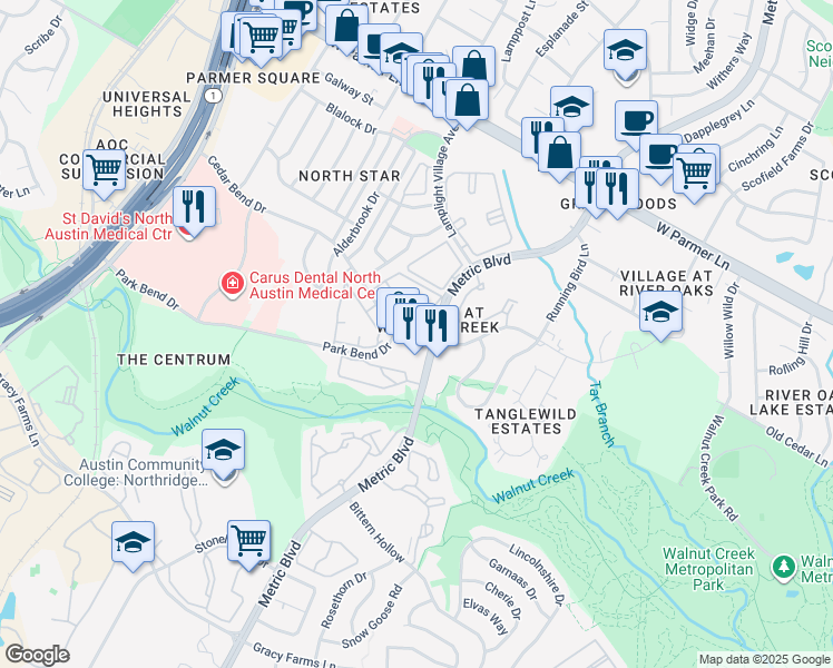 map of restaurants, bars, coffee shops, grocery stores, and more near 1921 Cedar Bend Drive in Austin