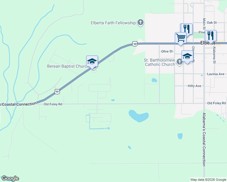 map of restaurants, bars, coffee shops, grocery stores, and more near 24423 Old Foley Road in Elberta