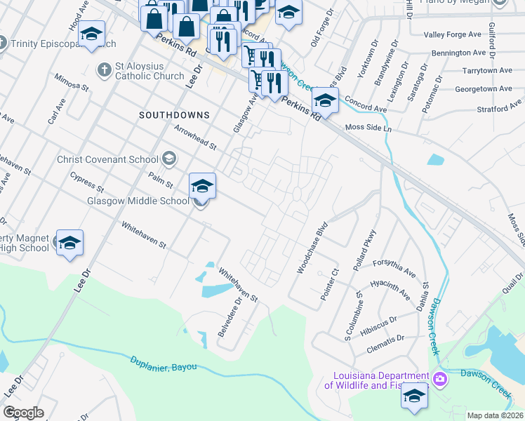 map of restaurants, bars, coffee shops, grocery stores, and more near 5088 Sweetbriar Street in Baton Rouge
