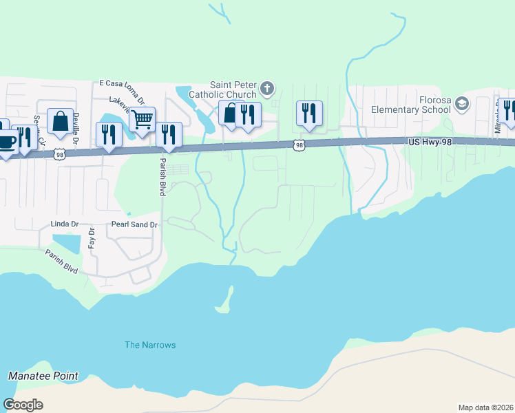 map of restaurants, bars, coffee shops, grocery stores, and more near 271 Tecumseh Lane in Mary Esther