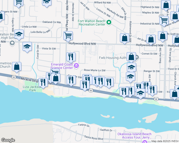 map of restaurants, bars, coffee shops, grocery stores, and more near 216 Rose Marie Lane Southwest in Fort Walton Beach