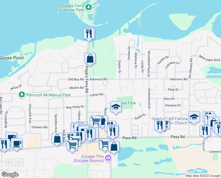 map of restaurants, bars, coffee shops, grocery stores, and more near 2321 Atkinson Road in Biloxi