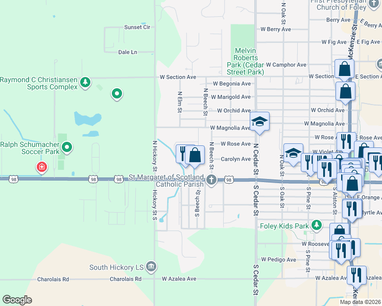 map of restaurants, bars, coffee shops, grocery stores, and more near 25 Magnolia Circle in Foley
